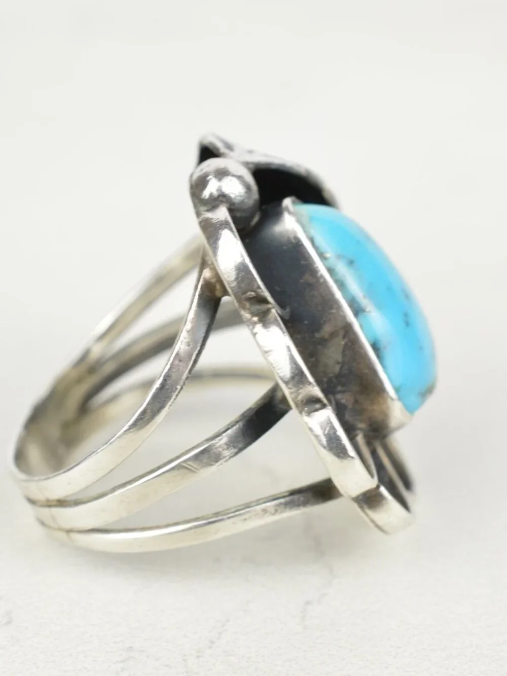 Vintage Navajo Kingman Turquoise Sterling Silver Shadowbox Feather Ring Size 8